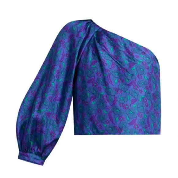 Veronica Beard Lyric One-Shoulder 100% Silk Top in Cobalt Multi Floral - Picture 1 of 14